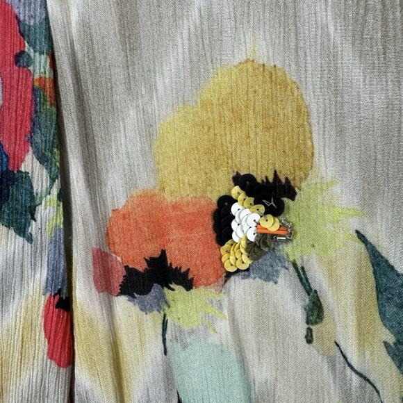 Anthropologie Blank London Floral Watercolor Top XS Smocked Sequin Chevron Boho - Picture 7 of 16